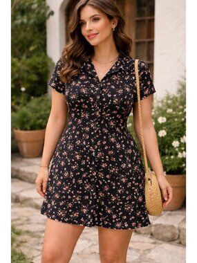 Ever After Floral Mini Dress Black Button Down Collared Size L** 90's, Cottage